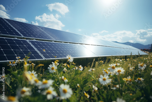 Solarenergie, Solarpanele reflektieren die Sonne, Sonne und weiße Wolken über der Solaranlage, Konzept Energiewende photo