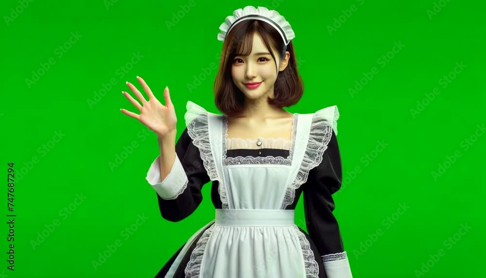 Green Screen Background:An Asian maid who raises her hand to introduce and talking Green Screen Background:An Asian maid who raises her hand to introduce and talking