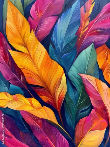 A painting featuring colorful leaves in various hues  set against a calming blue background. The leaves are detailed and vivid  creating a striking contrast against the serene backdrop.