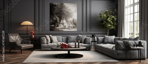 A grey living room filled with various furniture pieces such as a sofa, coffee table, and armchairs. A painting hangs on the wall, adding a focal point to the rooms decor. © Lasvu