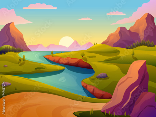 valley landscape with mountains and river, vector illustration