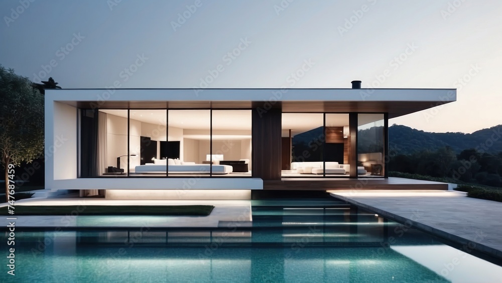 Fototapeta premium Modern villa with a minimalist exterior, incorporating clean lines and large glass panels