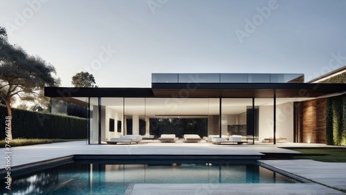 Modern villa with a minimalist exterior, incorporating clean lines and large glass panels © Damian Sobczyk