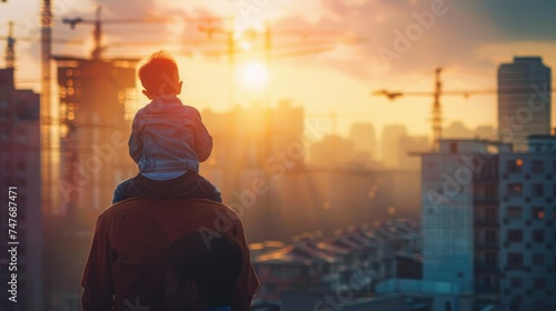 Asian boy on father's shoulders with background of new high buildings and silhouette construction cranes of evening sunset