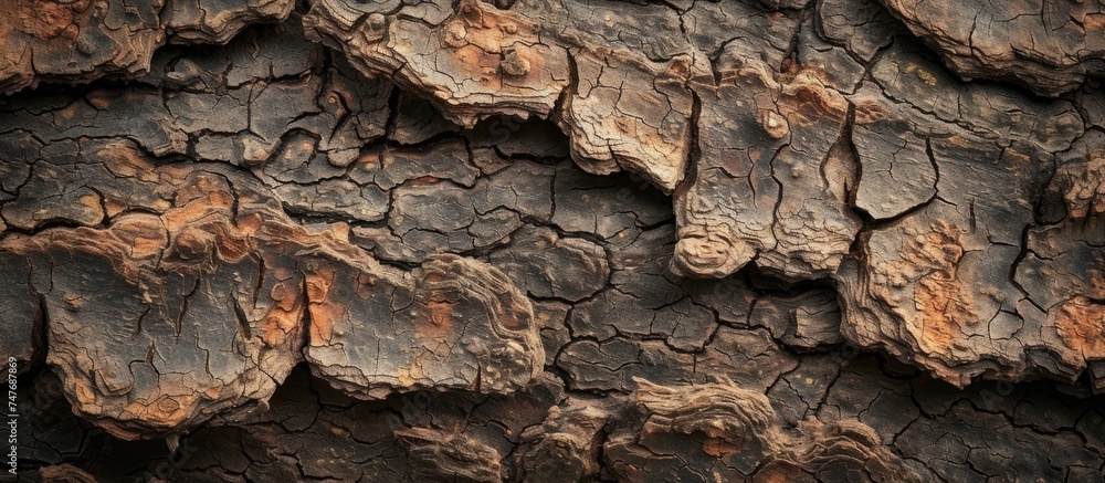 A detailed view of the textured bark on a tree, highlighting the natural patterns and creating a visually appealing background.