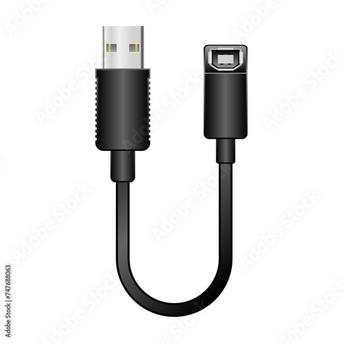 シンプルなイラスト_黒い変換ケーブル_USB Type-A 2.0からUSB Type-B 2.0 メス