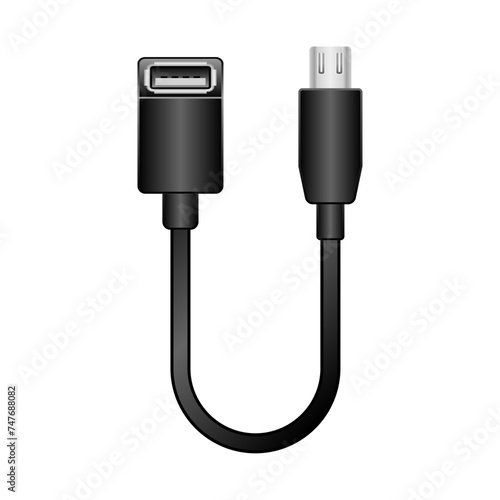 シンプルなイラスト_黒い変換ケーブル_USB Type-A 2.0 メスからMicro USB Type-B 2.0