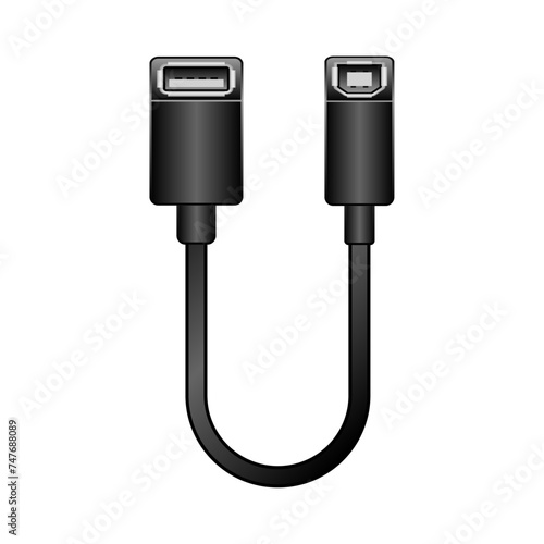 シンプルなイラスト_黒い変換ケーブル_USB Type-A 2.0 メスからUSB Type-B 2.0 メス