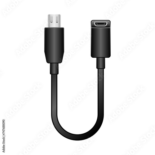シンプルなイラスト_黒い変換ケーブル_Micro USB Type-B 2.0からMicro USB Type-B 2.0 メス