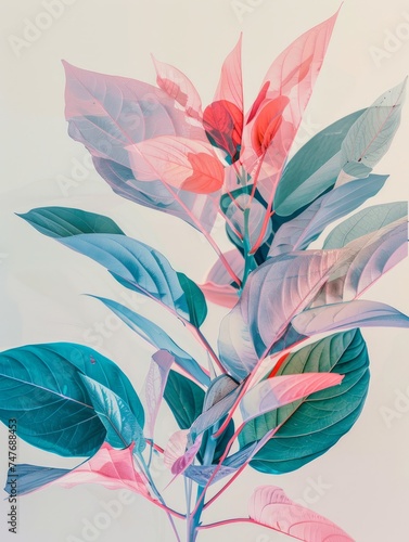 A detailed painting featuring a plant with vibrant pink and green leaves, showcasing the intricate patterns and colors of nature.