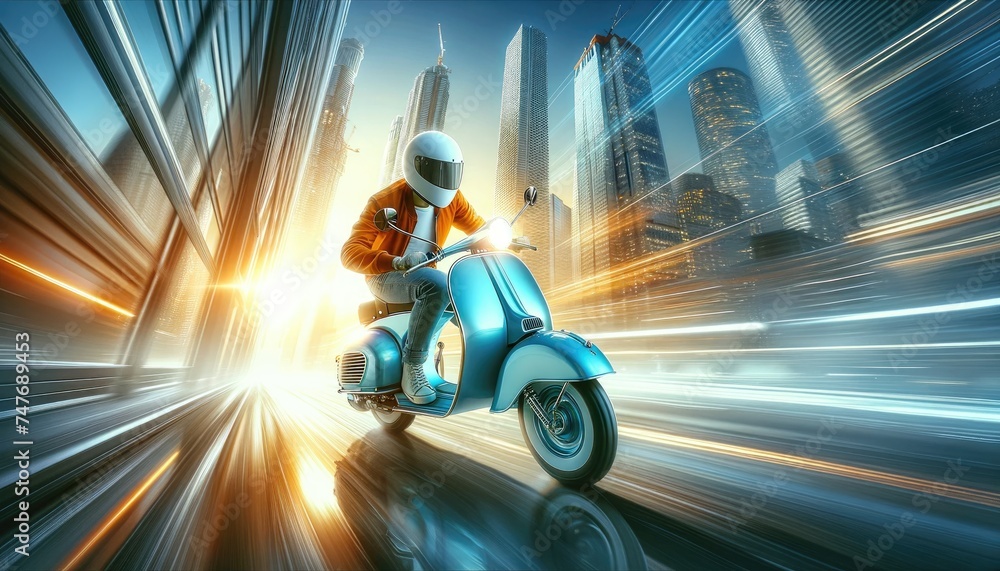 Speeding Scooter Rider in Futuristic Cityscape.