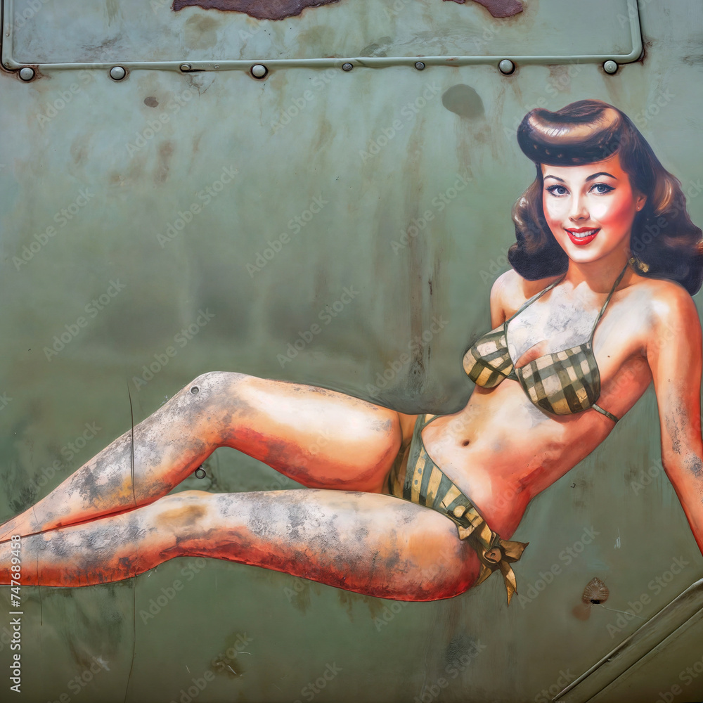 Illustration Of Vintage World War 2 Bomber Nose Art Pinup Girl Saluting 