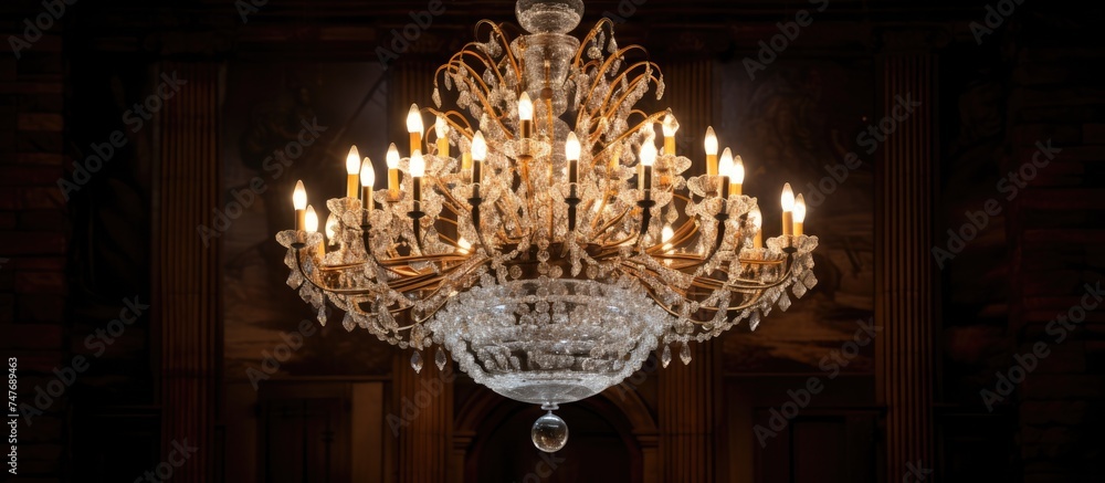 A chandelier is suspended from the ceiling in a dimly lit room, casting intricate shadows on the walls. The intricate crystal design of the chandelier catches the light, A chandelier is suspended from the ceiling in a dimly lit room, casting intricate shadows on the walls. The intricate crystal design of the chandelier catches the light,