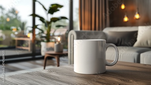 A coffee cup sitting on a living room table in a modern living room. 