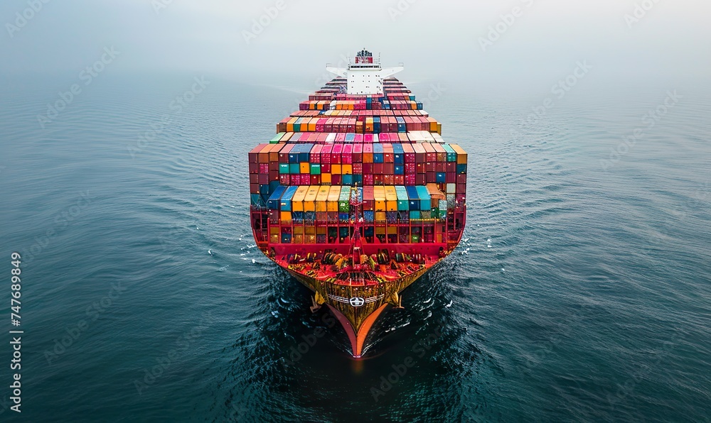 A huge cargo container ship, the giants of modern commerce that traverse the vastness of the ocean