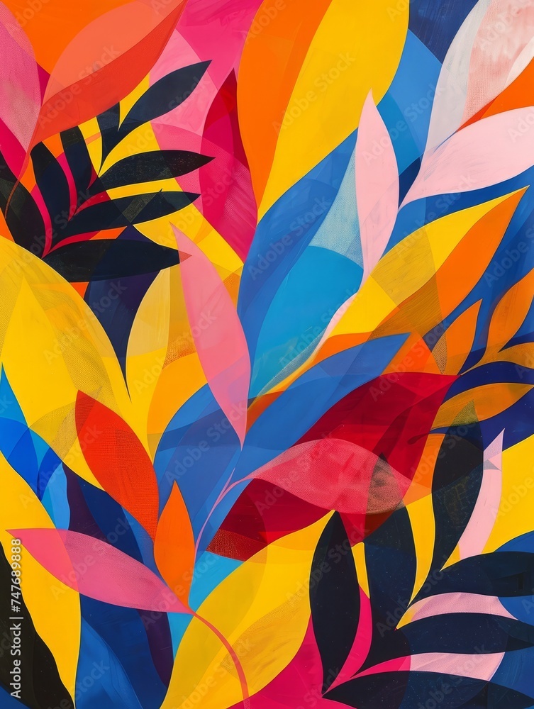 A painting depicting vibrant and colorful leaves against a striking black backdrop, creating a bold and eye-catching contrast.