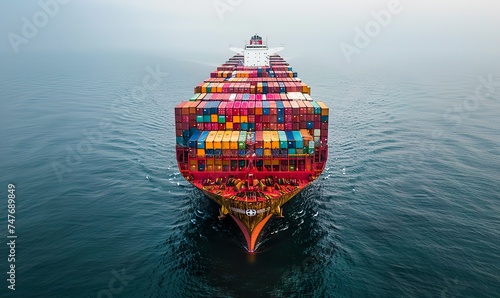 A huge cargo container ship, the giants of modern commerce that traverse the vastness of the ocean