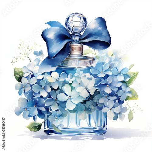 Watercolor Perfume with Blue Hydrangea Flowers Illustration. Luxury Perfume Bottle with Ribbon Bow Flower Clip Art. Spring and Summer Floral. Isolated On White Background.