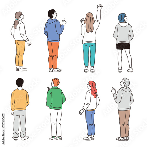 シンプルなタッチの後ろ姿の男女のイラストセット
