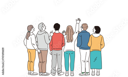 色々な世代のシンプルなタッチの後ろ姿の男女のイラスト
