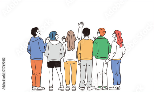 シンプルなタッチの後ろ姿の男女のイラスト
