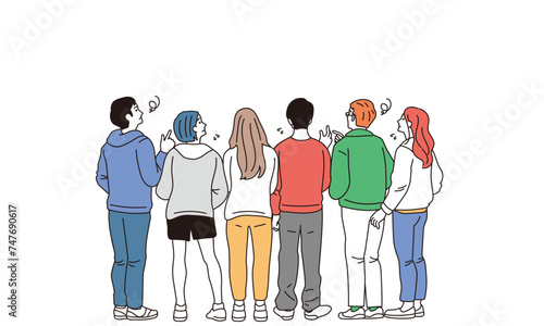 シンプルなタッチの後ろ姿の男女のイラスト
