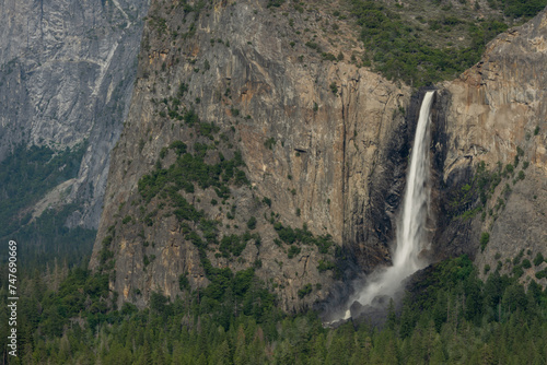 Pine Forest Grows Green From The Water Of Bridalveil Falls In Yosemite