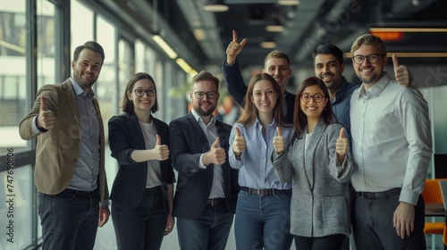 Group of happy business people showing sign of success. Successful business team showing thumbs up and looking at camera.