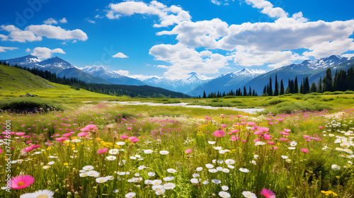 Breathtaking View of a Colorful Wildflower Meadow against the Backdrop of Snow-capped mountains in Alaska