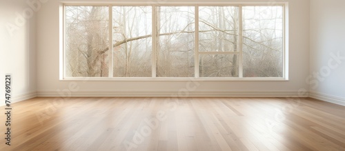 An empty room with a wide window letting in bright light, showcasing a hardwood floor. The room is unadorned, offering a sense of openness and simplicity.