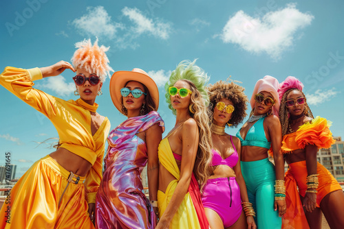 Stylish group of women showcasing vibrant summer fashion against a blue sky backdrop