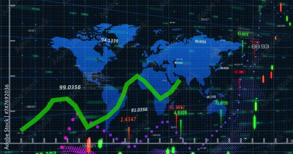 Animation of financial data processing over world map on black background Animation of financial data processing over world map on black background