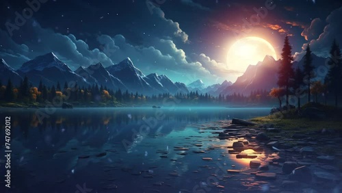 Anime landscape: serene blue lake reflecting Golden Moon photo