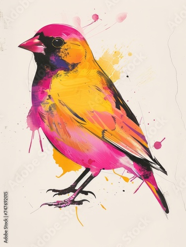 A colorful bird is depicted in a painting, set against a clean white background. The birds feathers showcase a variety of vivid hues, creating a striking visual impact.