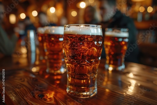 Group of people drinking beer at brewery pub restaurant - Happy friends enjoying happy hour sitting at bar table - Closeup image of brew glasses - Food and beverage lifestyle concept 