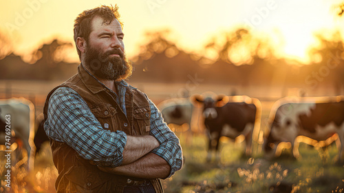 Contemplative bearded farmer with arms crossed, looking into the distance on a cattle farm at sunset. photo