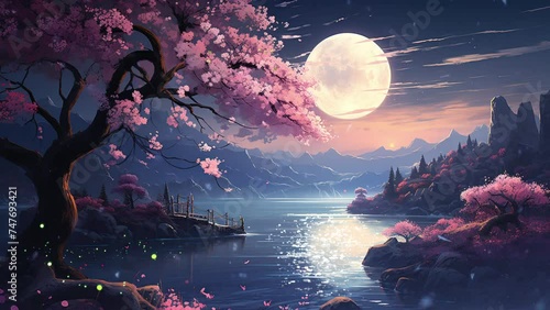 Cherry blossoms by Blue lake, Golden Moon backdrop, anime scenery photo