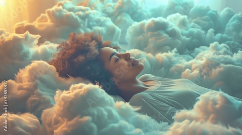 Photo of a beautiful black woman peacefully sleeping on the clouds, AI-generated image photo