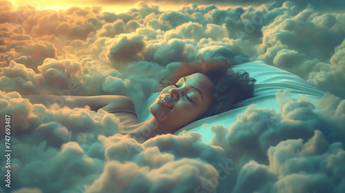 Photo of a beautiful black woman peacefully sleeping on the clouds, AI-generated image