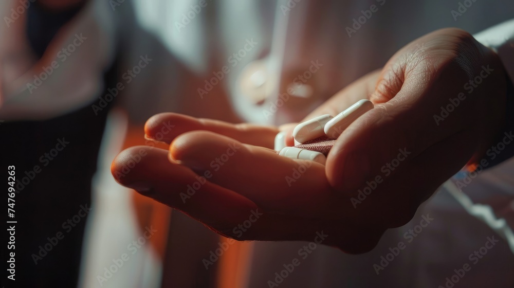 Obraz premium Close up of male hand doctor with pills