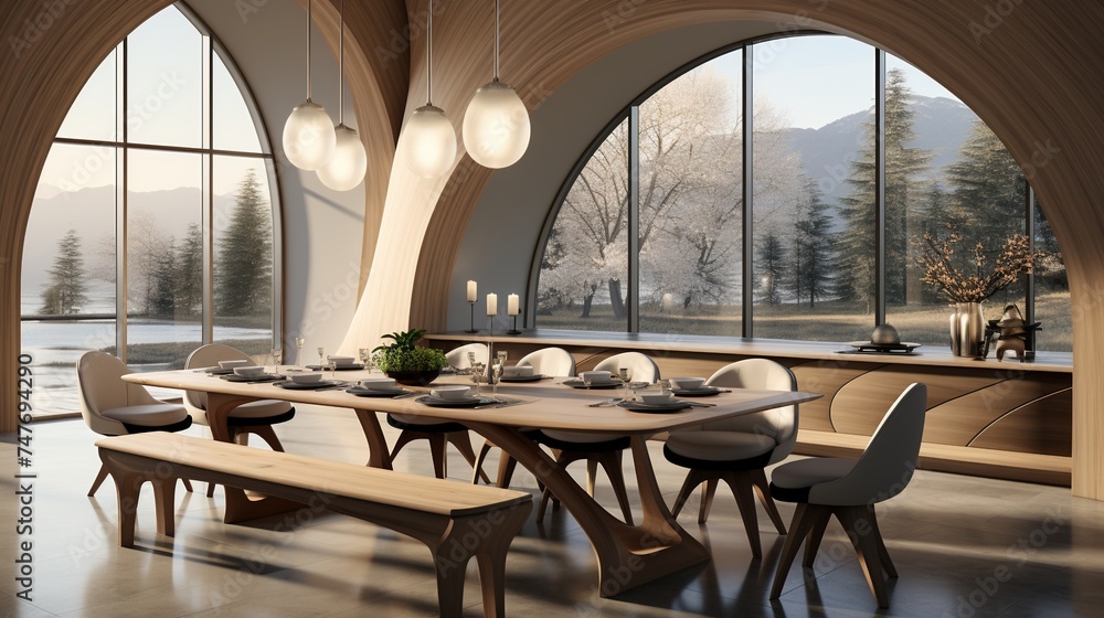 Minimalist interior design of modern dining room with abstract wood paneling arched wall.
