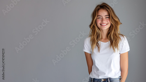 Caucasian woman wear white t-shirt smile isolated on grey background © pariketan