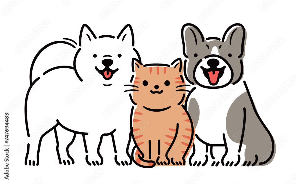 Obraz premium 笑顔で笑う犬猫のおすわりしているかわいい全身のペットイラストセット_白バック