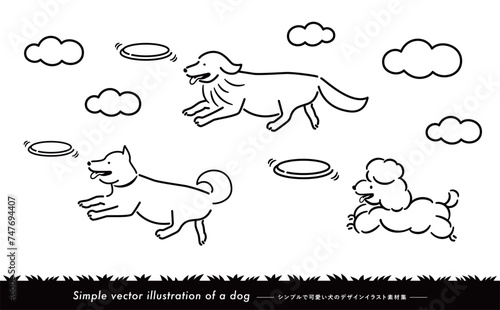 ドッグランで舌を出しながら走る・遊ぶ・飛び跳ねる犬のイラスト素材_モノトーン手書き線画