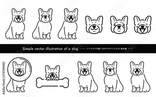 挿絵やアイコン使いもできる手書き感のあるフレンチブルドッグのかわいい犬・ペットイラストセット_モノトーン線画