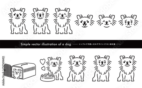 挿絵やアイコン使いもできる手書き感のあるチワワのかわいい犬・ペットイラストセット_モノトーン線画