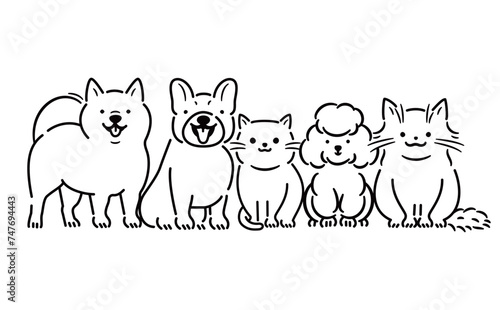 Fototapeta Naklejka Na Ścianę i Meble -  笑顔で笑う犬猫のおすわりしているかわいい全身のペットイラストセット_モノトーン