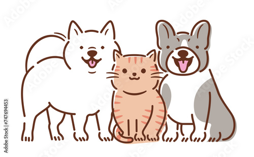 笑顔で笑う犬猫のおすわりしているかわいい全身のペットイラストセット_白バック