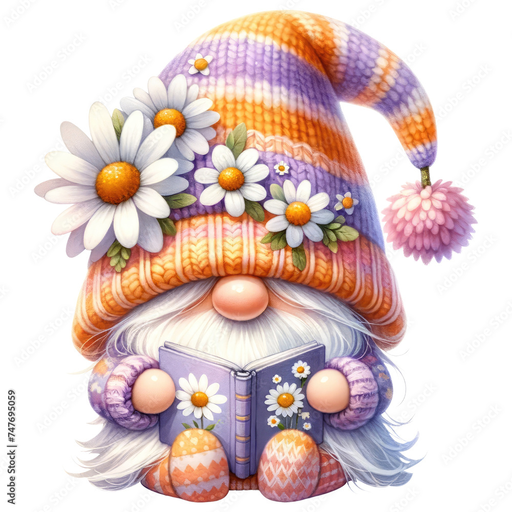 Gnome with Daisies and Striped Hat.