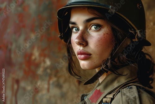 Courageous female soldier. Young girl wearing retro military uniform. Confidence and pride in army service for professional hero. Women’s History Month. Vintage poster, card, banner 